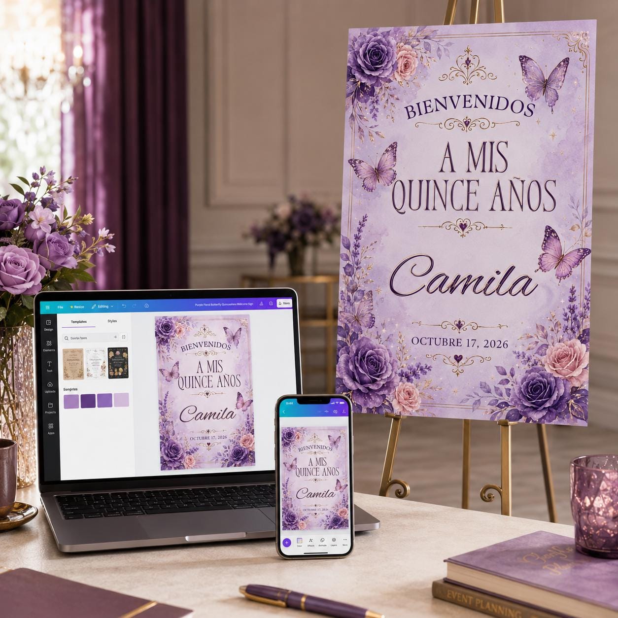 Quinceañera Welcome Sign, Purple Butterfly Floral Mis Quince Años Party Poster, Editable Printable Canva Template - Image 3