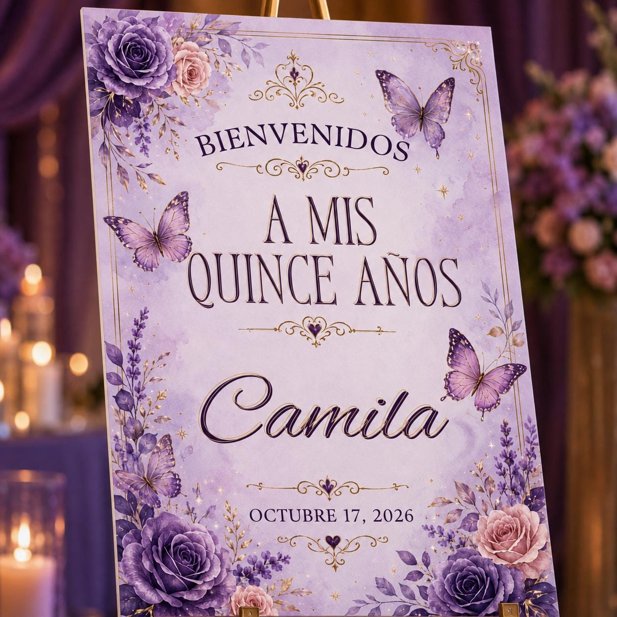 Quinceañera Welcome Sign, Purple Butterfly Floral Mis Quince Años Party Poster, Editable Printable Canva Template - Image 5