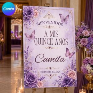 Quinceañera Welcome Sign, Purple Butterfly Floral Mis Quince Años Party Poster, Editable Printable Canva Template