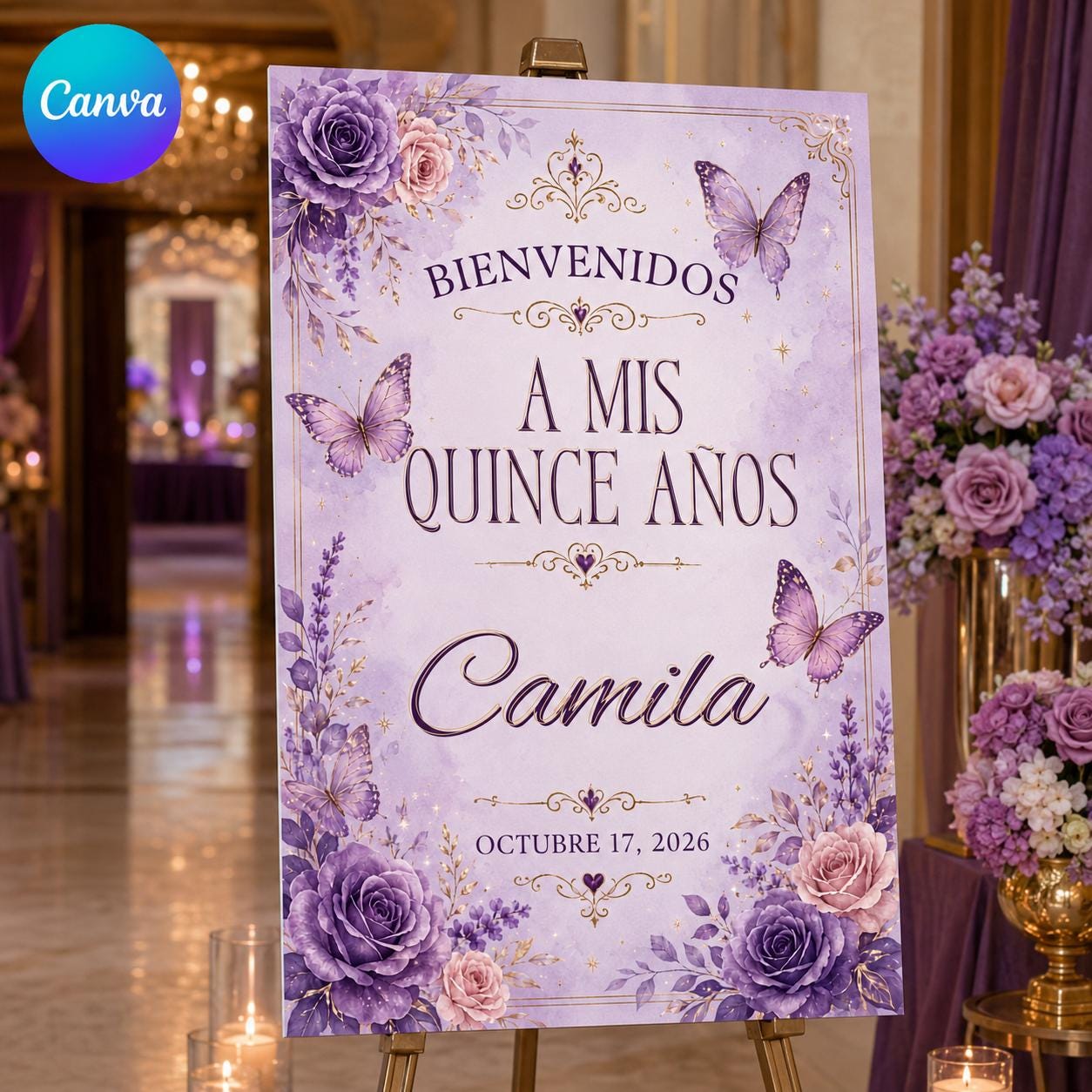 Quinceañera Welcome Sign, Purple Butterfly Floral Mis Quince Años Party Poster, Editable Printable Canva Template