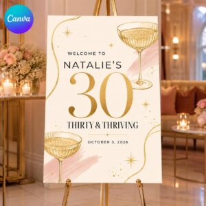 30th Birthday Welcome Sign, Thirty and Thriving Champagne Party Poster, Editable Printable Canva Template