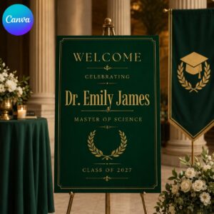Masters Graduation Welcome Sign, Green Gold Class of 2027 Degree Party Poster, Editable Printable Canva Template