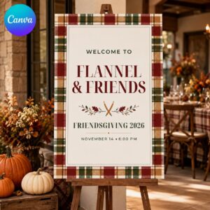 Friendsgiving Welcome Sign, Flannel Plaid Fall Dinner Party Poster, Editable Printable Thanksgiving Sign, Canva Template
