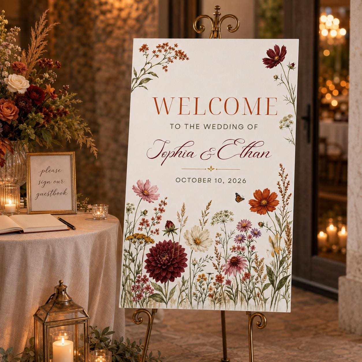 Fall Wedding Welcome Sign, Burgundy Rust Wildflower Floral Entrance Poster, Editable Printable Wedding Sign, Canva Template - Image 5