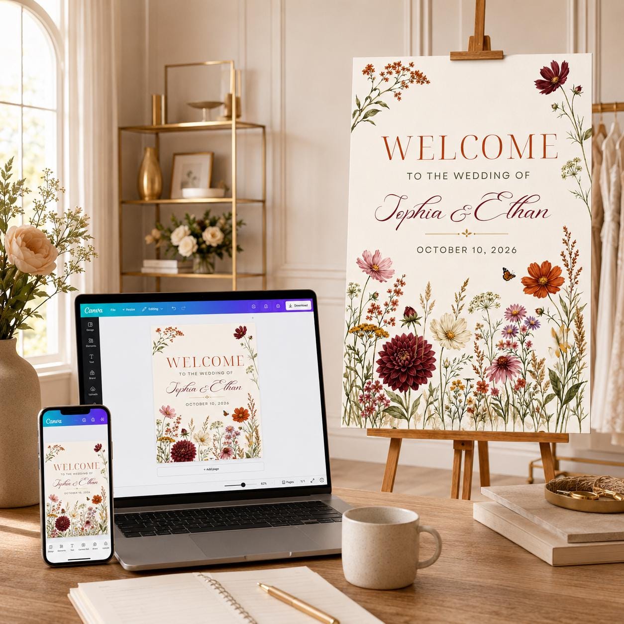 Fall Wedding Welcome Sign, Burgundy Rust Wildflower Floral Entrance Poster, Editable Printable Wedding Sign, Canva Template - Image 3