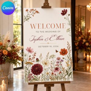 Fall Wedding Welcome Sign, Burgundy Rust Wildflower Floral Entrance Poster, Editable Printable Wedding Sign, Canva Template