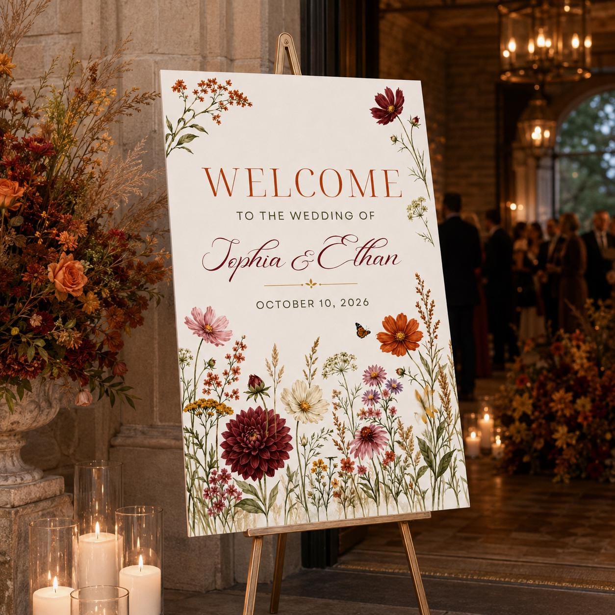 Fall Wedding Welcome Sign, Burgundy Rust Wildflower Floral Entrance Poster, Editable Printable Wedding Sign, Canva Template - Image 6