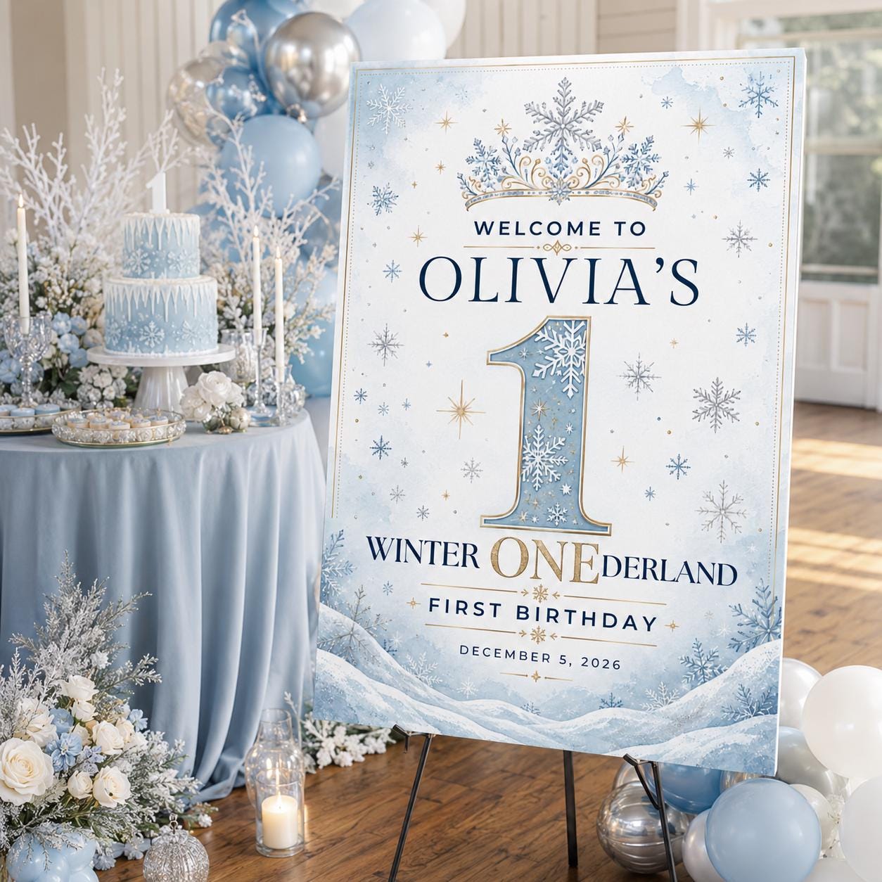 First Birthday Welcome Sign, Winter ONEderland Snowflake Party Poster, Editable Printable, Canva Template - Image 4