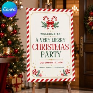 Christmas Party Welcome Sign, Candy Cane Holiday Party Poster, Editable Printable Event Sign, Canva Template