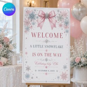 Baby Shower Welcome Sign, A Little Snowflake Is on the Way Pink Bow Winter Poster, Editable Printable, Canva Template