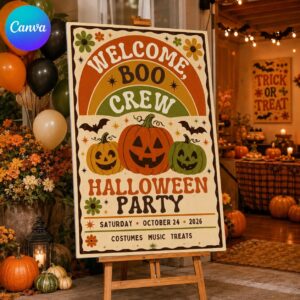 Halloween Party Welcome Sign, Retro Boo Crew Pumpkin Groovy 70s Party Poster, Editable Printable Sign, Canva Template
