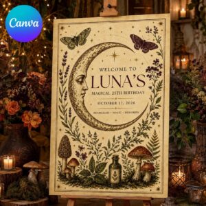 25th Birthday Welcome Sign, Vintage Celestial Moon Botanical Magic Party Poster, Editable Printable Sign, Canva Template