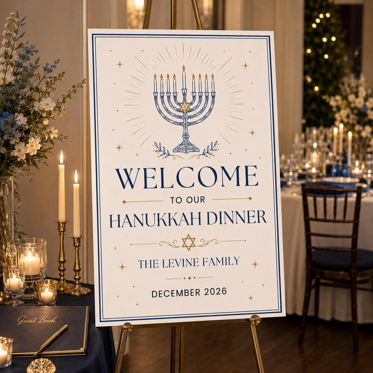 Hanukkah Dinner Welcome Sign, Blue Gold Menorah Jewish Holiday Party Poster, Editable Printable Event Sign, Canva Template - Image 4