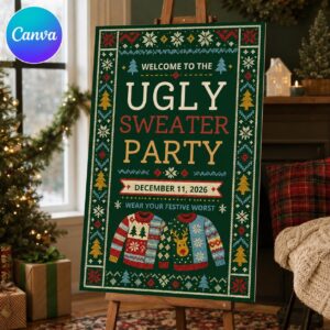 Ugly Sweater Party Welcome Sign, Christmas Holiday Sweater Party Poster, Editable Printable Event Sign, Canva Template
