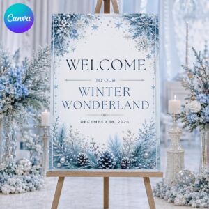 Winter Wonderland Welcome Sign, Blue Silver Snowflake Party Poster, Editable Printable Winter Event Sign, Canva Template