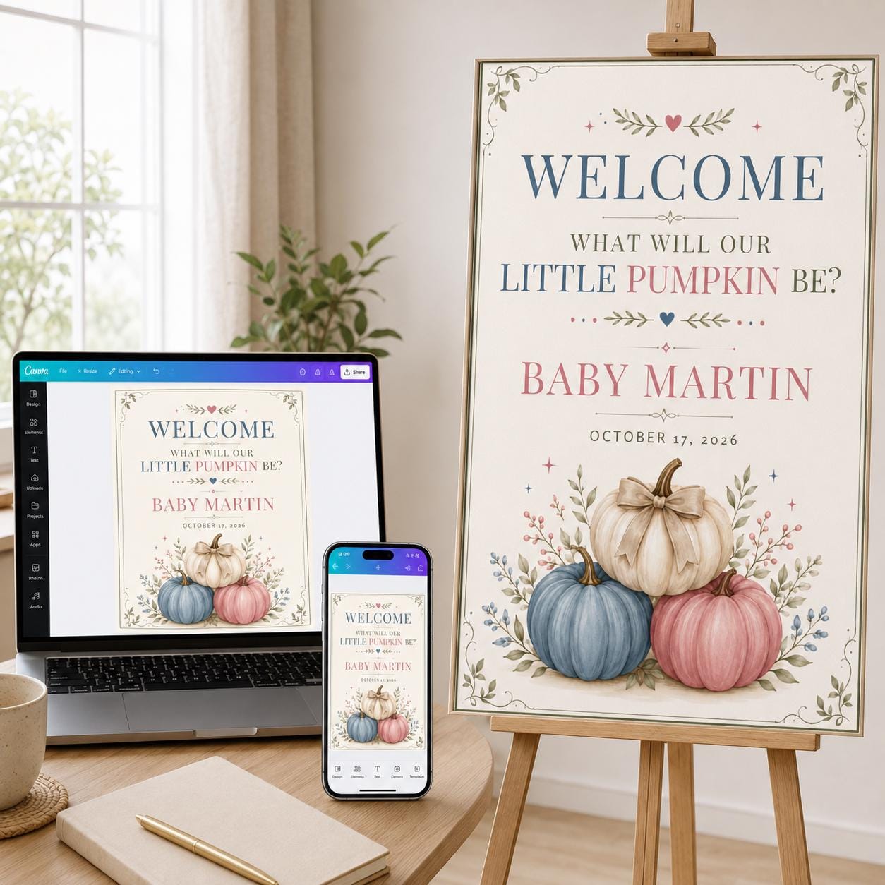 Gender Reveal Welcome Sign, Little Pumpkin Pink Blue Fall Party Poster, Editable Printable Entrance Sign, Canva Template - Image 6