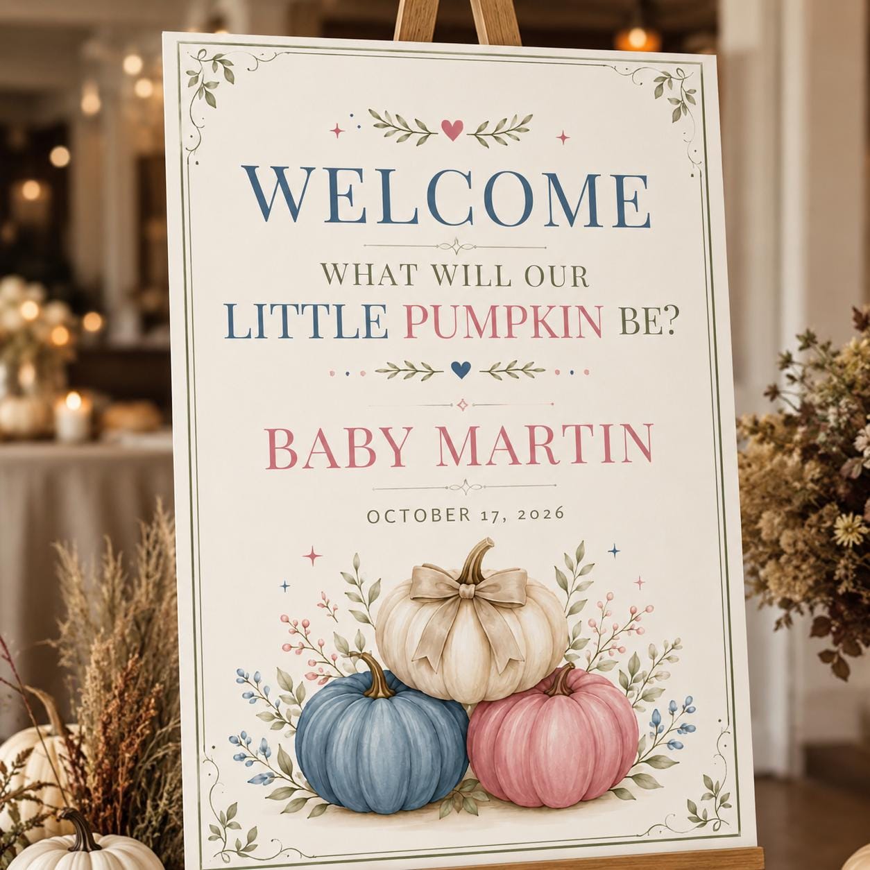 Gender Reveal Welcome Sign, Little Pumpkin Pink Blue Fall Party Poster, Editable Printable Entrance Sign, Canva Template - Image 4