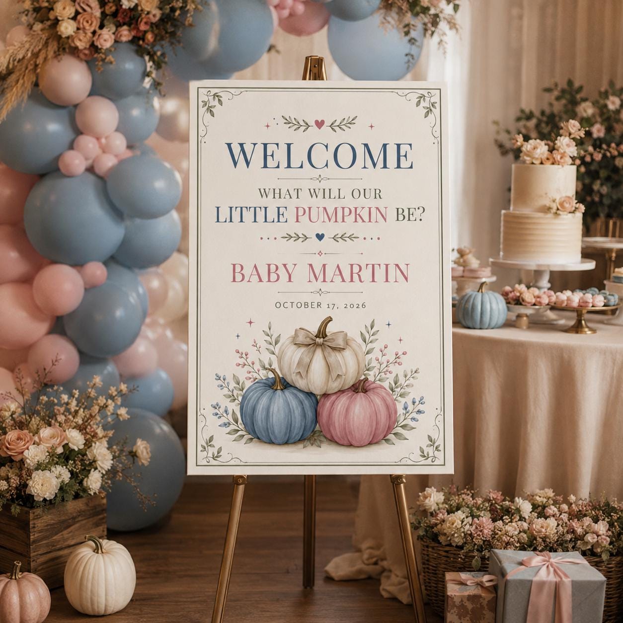 Gender Reveal Welcome Sign, Little Pumpkin Pink Blue Fall Party Poster, Editable Printable Entrance Sign, Canva Template - Image 5