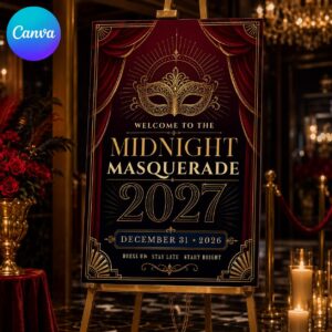 New Year's Eve Welcome Sign 2027, Midnight Masquerade Burgundy Gold Party Poster, Editable Printable Sign, Canva Template
