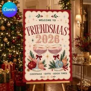 Friendsmas Welcome Sign, Retro Christmas Friends Party Poster, Colorful Holiday Cocktail Decor, Editable Printable Canva Template
