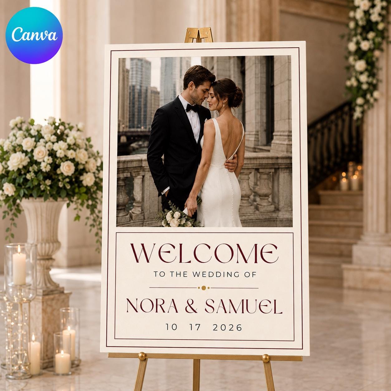 Wedding Welcome Sign with Photo, Modern Minimalist Reception Entrance Poster, Editable Printable Wedding Sign, Canva Template