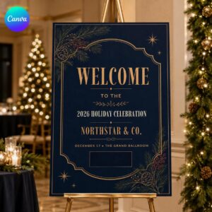 Corporate Holiday Party Welcome Sign, Navy Gold Company Celebration Poster, Elegant Winter Event Sign, Editable Printable Canva Template
