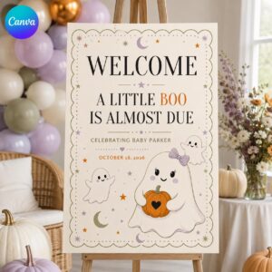 Halloween Baby Shower Welcome Sign, A Little Boo Is Almost Due Ghost Poster, Cute Spooky Fall Party Decor, Editable Printable Canva Template