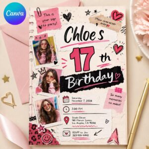 17th Birthday Photo Invitation, Pink Scrapbook Collage Teen Girl Party Editable Printable Canva Template