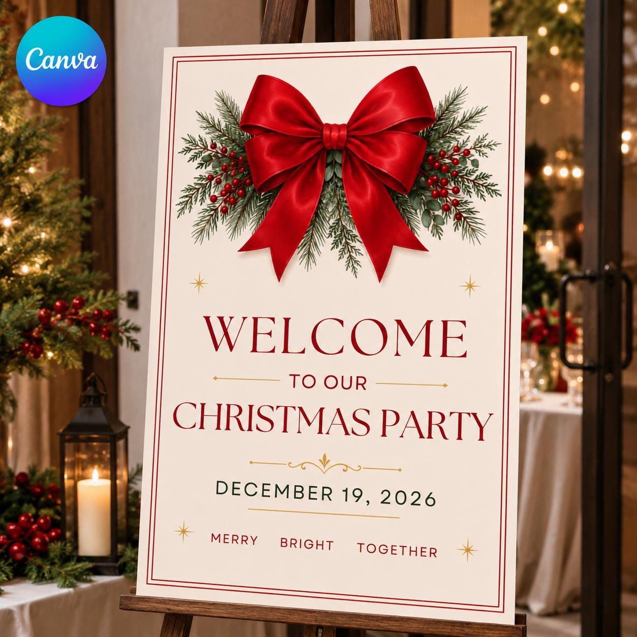 Christmas Party Welcome Sign, Red Bow Holiday Party Poster, Elegant Editable Printable Event Sign, Canva Template