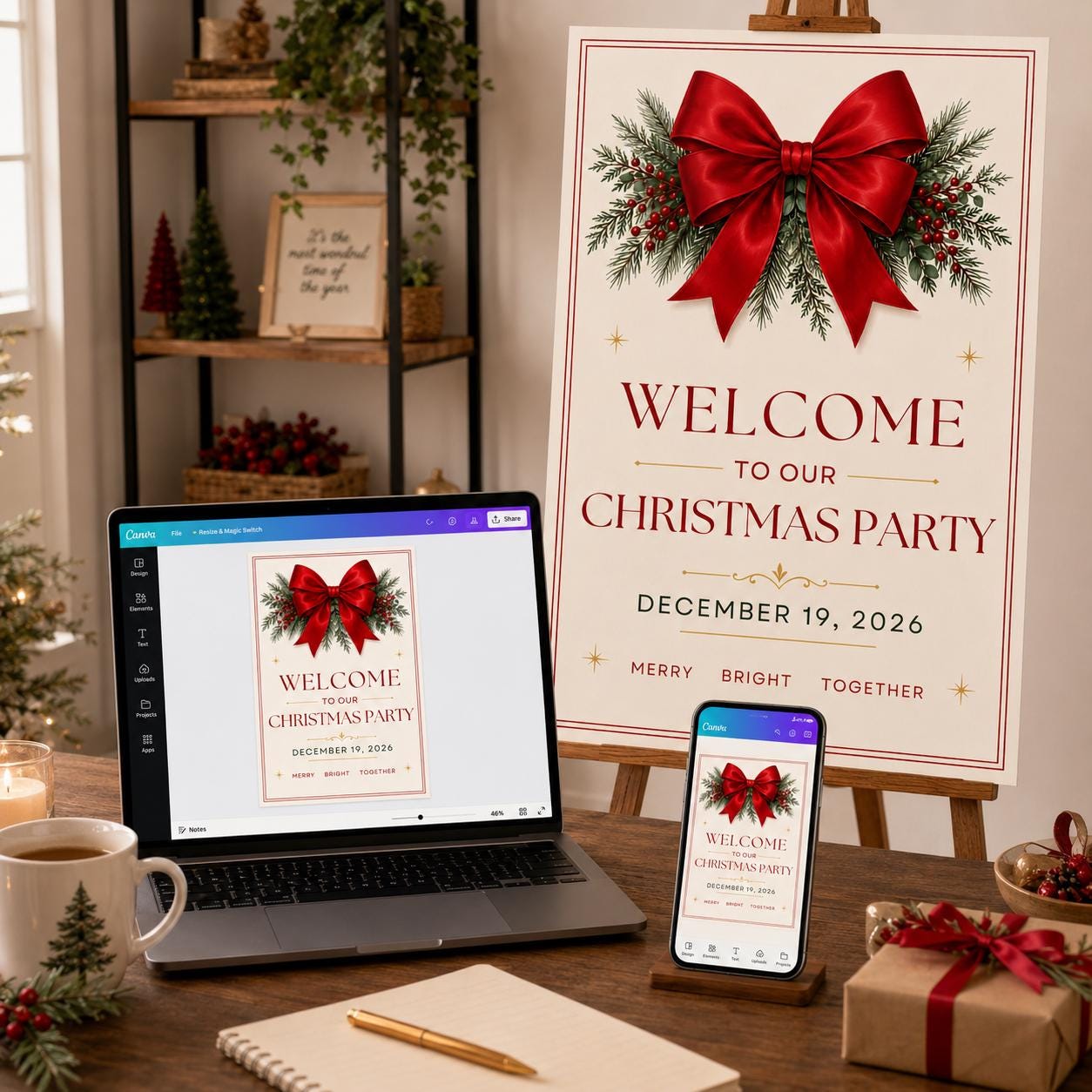 Christmas Party Welcome Sign, Red Bow Holiday Party Poster, Elegant Editable Printable Event Sign, Canva Template - Image 3