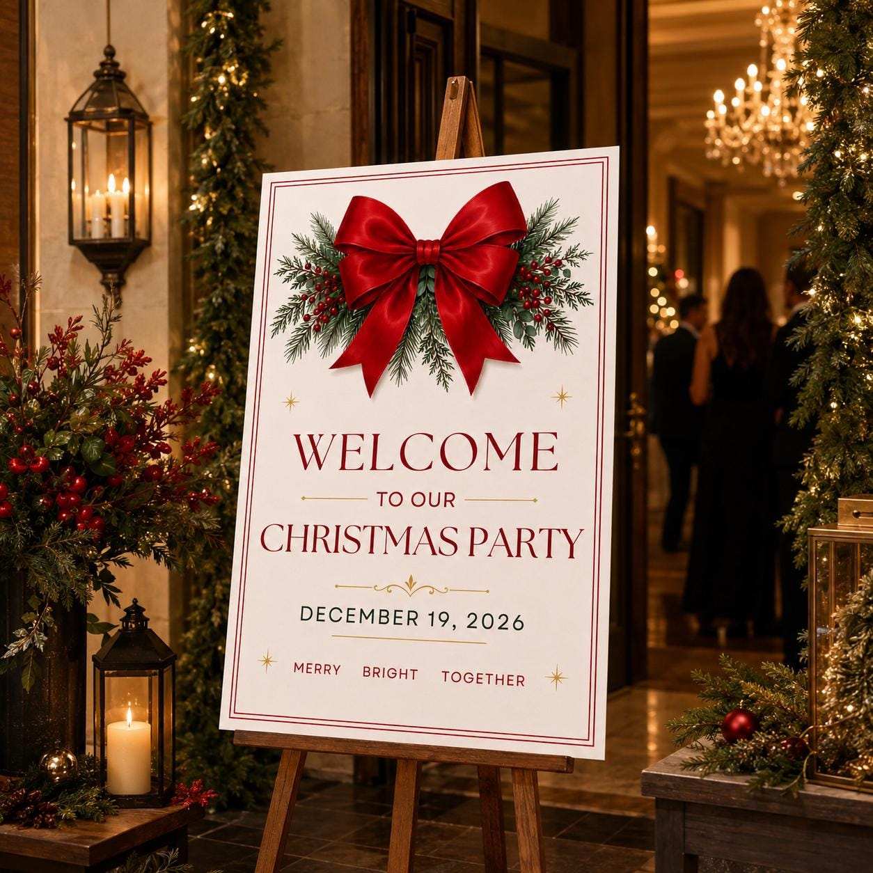 Christmas Party Welcome Sign, Red Bow Holiday Party Poster, Elegant Editable Printable Event Sign, Canva Template - Image 4