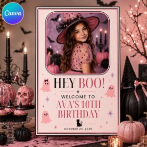 10th Birthday Welcome Sign, Pink Halloween Ghost Photo Party Poster, Spooky Girl Birthday Editable Printable Canva Template