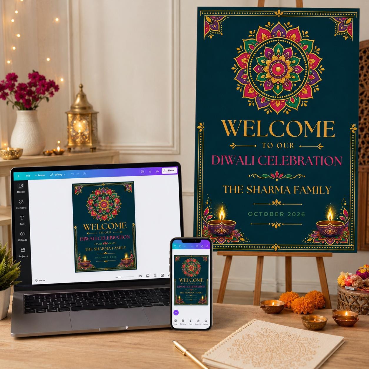 Diwali Welcome Sign, Colorful Rangoli Festival of Lights Party Poster, Editable Printable Indian Celebration Canva Template - Image 3