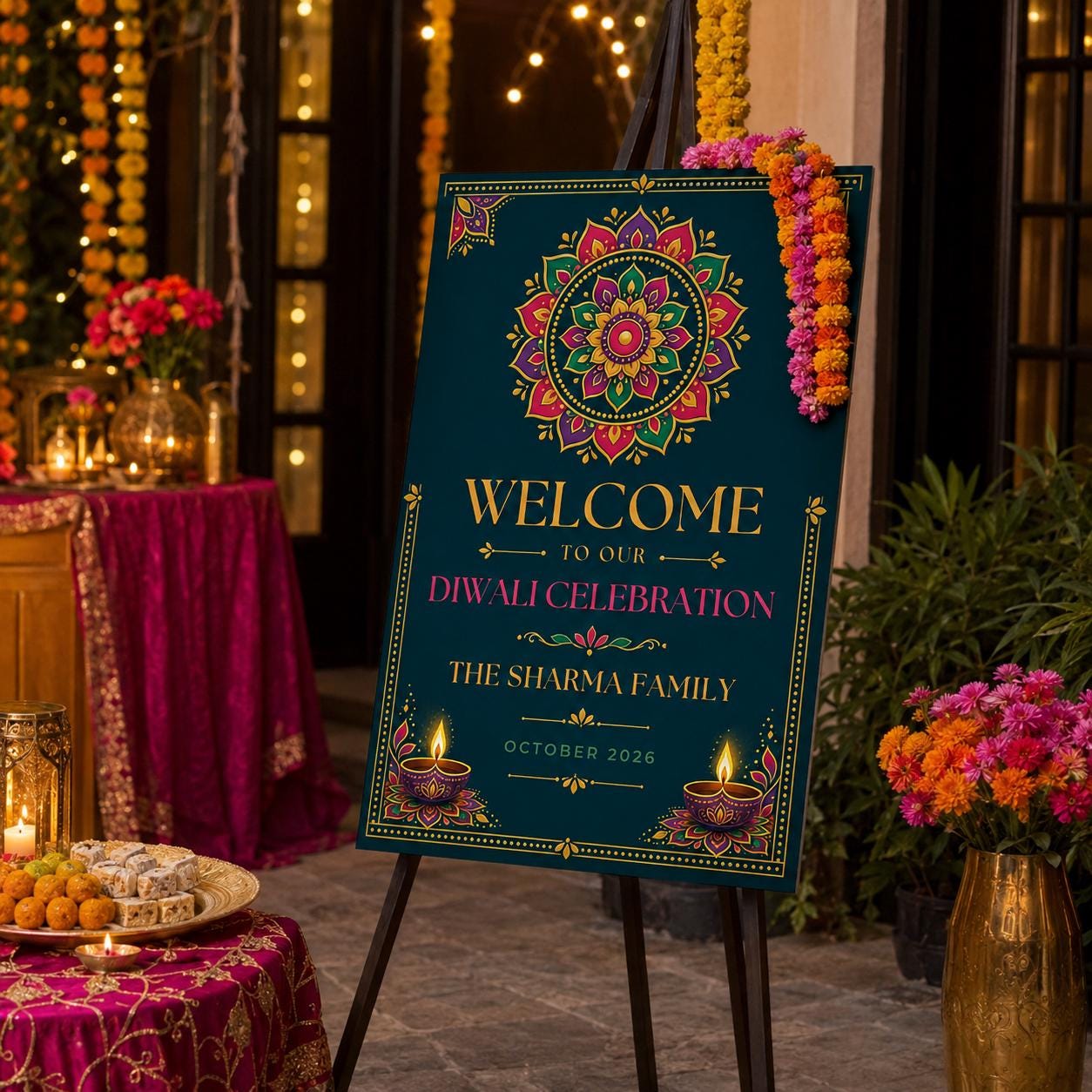 Diwali Welcome Sign, Colorful Rangoli Festival of Lights Party Poster, Editable Printable Indian Celebration Canva Template - Image 4