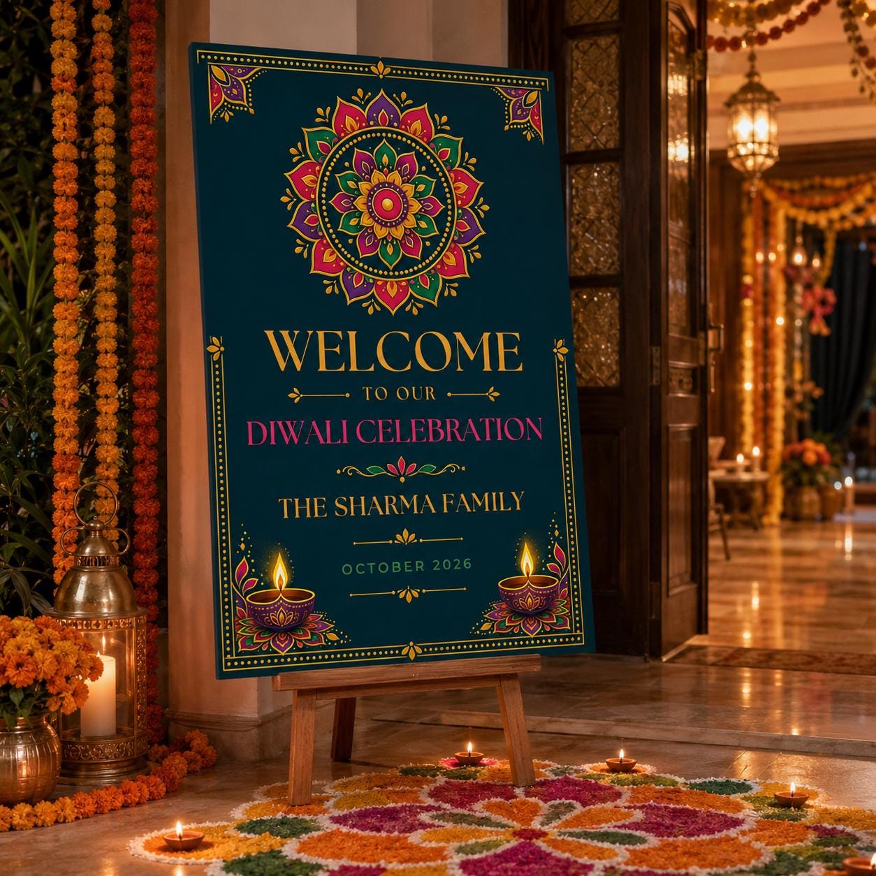 Diwali Welcome Sign, Colorful Rangoli Festival of Lights Party Poster, Editable Printable Indian Celebration Canva Template - Image 6
