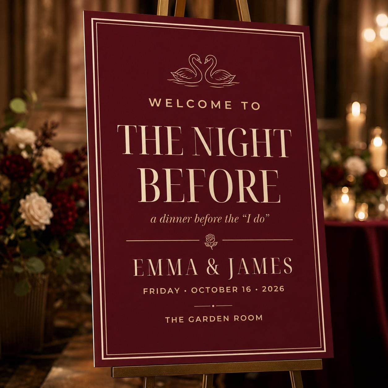 Rehearsal Dinner Welcome Sign, The Night Before Wedding Sign, Burgundy Elegant Dinner Poster, Editable Printable Canva Template - Image 3