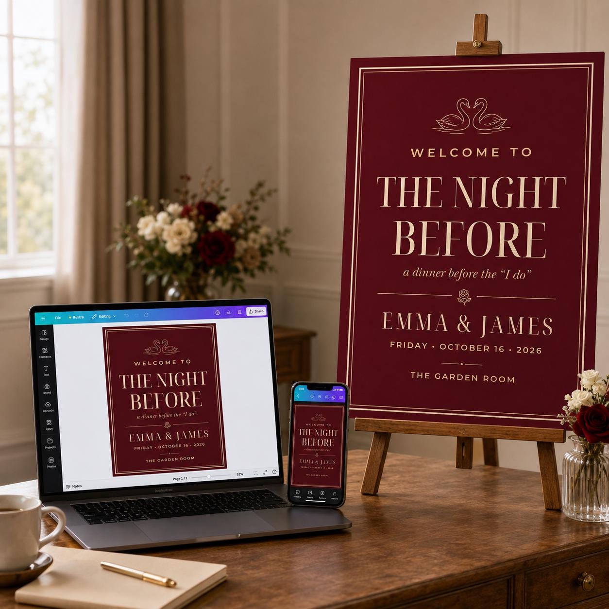 Rehearsal Dinner Welcome Sign, The Night Before Wedding Sign, Burgundy Elegant Dinner Poster, Editable Printable Canva Template - Image 5