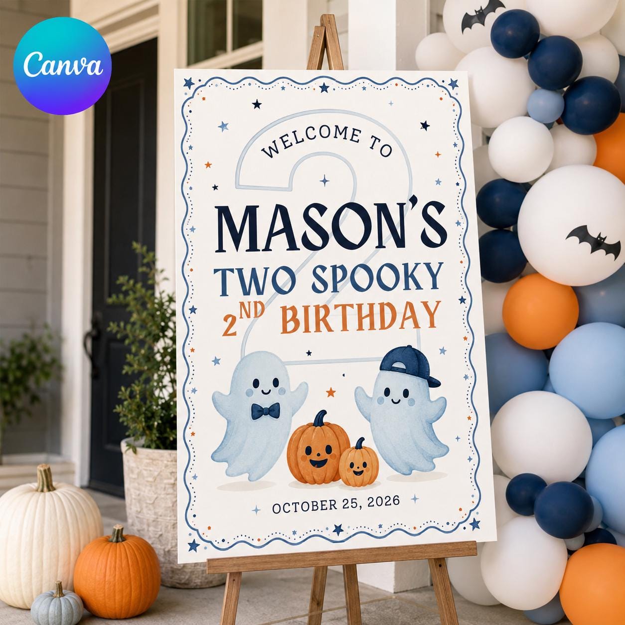 2nd Birthday Welcome Sign, Two Spooky Halloween Ghost Party Poster, Cute Blue Pumpkin Editable Printable Canva Template