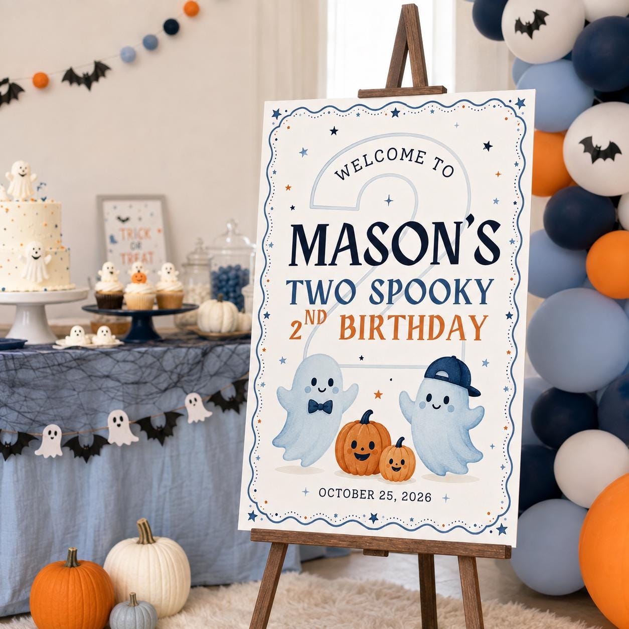 2nd Birthday Welcome Sign, Two Spooky Halloween Ghost Party Poster, Cute Blue Pumpkin Editable Printable Canva Template - Image 3