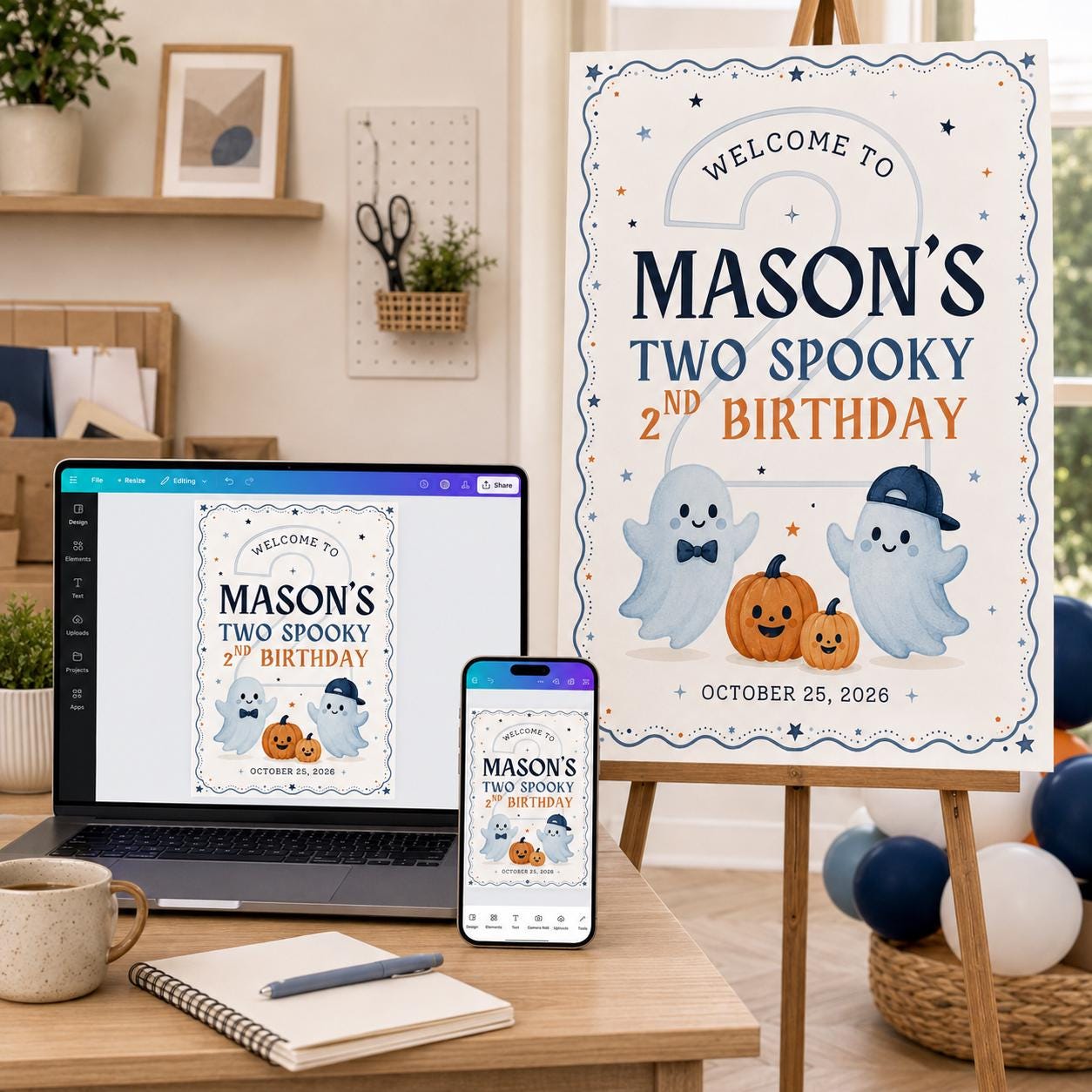 2nd Birthday Welcome Sign, Two Spooky Halloween Ghost Party Poster, Cute Blue Pumpkin Editable Printable Canva Template - Image 4