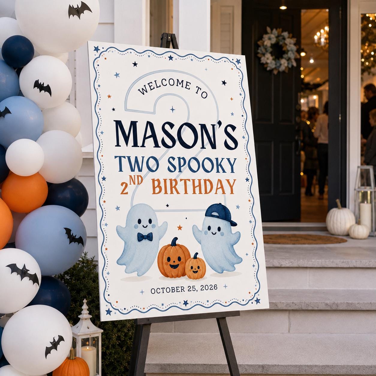 2nd Birthday Welcome Sign, Two Spooky Halloween Ghost Party Poster, Cute Blue Pumpkin Editable Printable Canva Template - Image 5