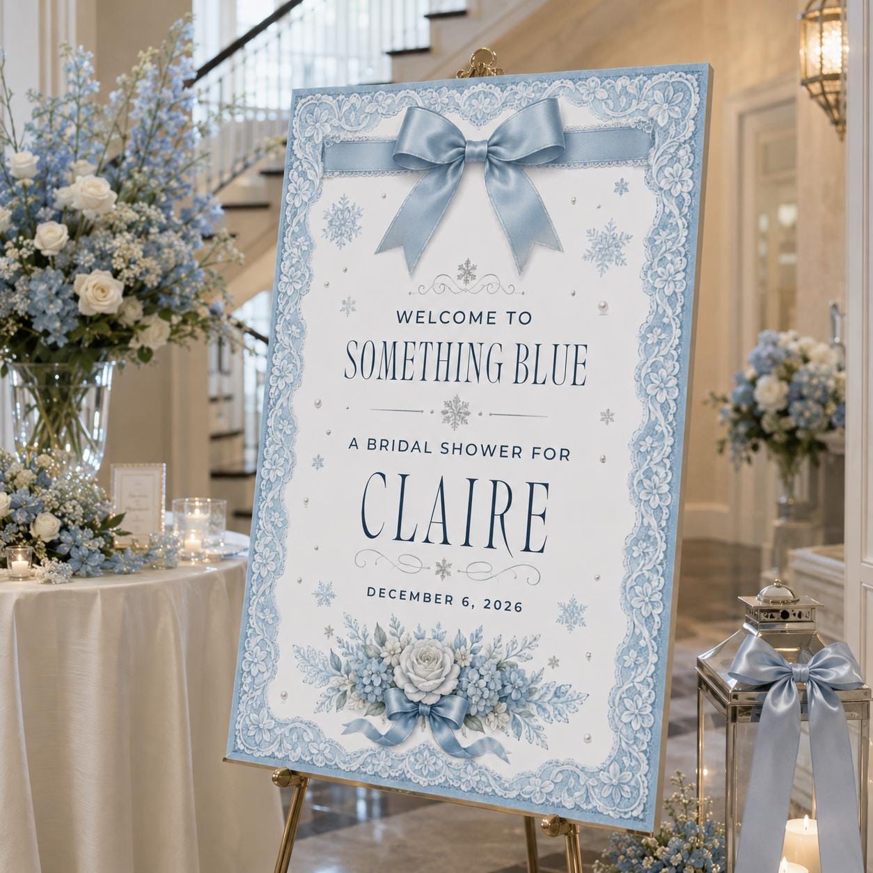 Something Blue Bridal Shower Welcome Sign, Blue Bow Winter Wedding Shower Poster, Editable Printable Sign, Canva Template - Image 4