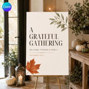 Thanksgiving Welcome Sign, Grateful Gathering Friends and Family Fall Dinner Poster, Editable Printable Event Sign, Canva Template