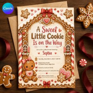 Gingerbread Baby Shower Invitation, Little Cookie Is on the Way, Pink Christmas Girl Invite, Editable Printable Canva Template