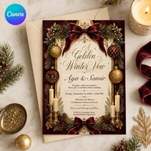 Burgundy Christmas Wedding Invitation, Elegant Gold Winter Wedding Invite, Holiday Floral Bow Editable Printable Canva Template