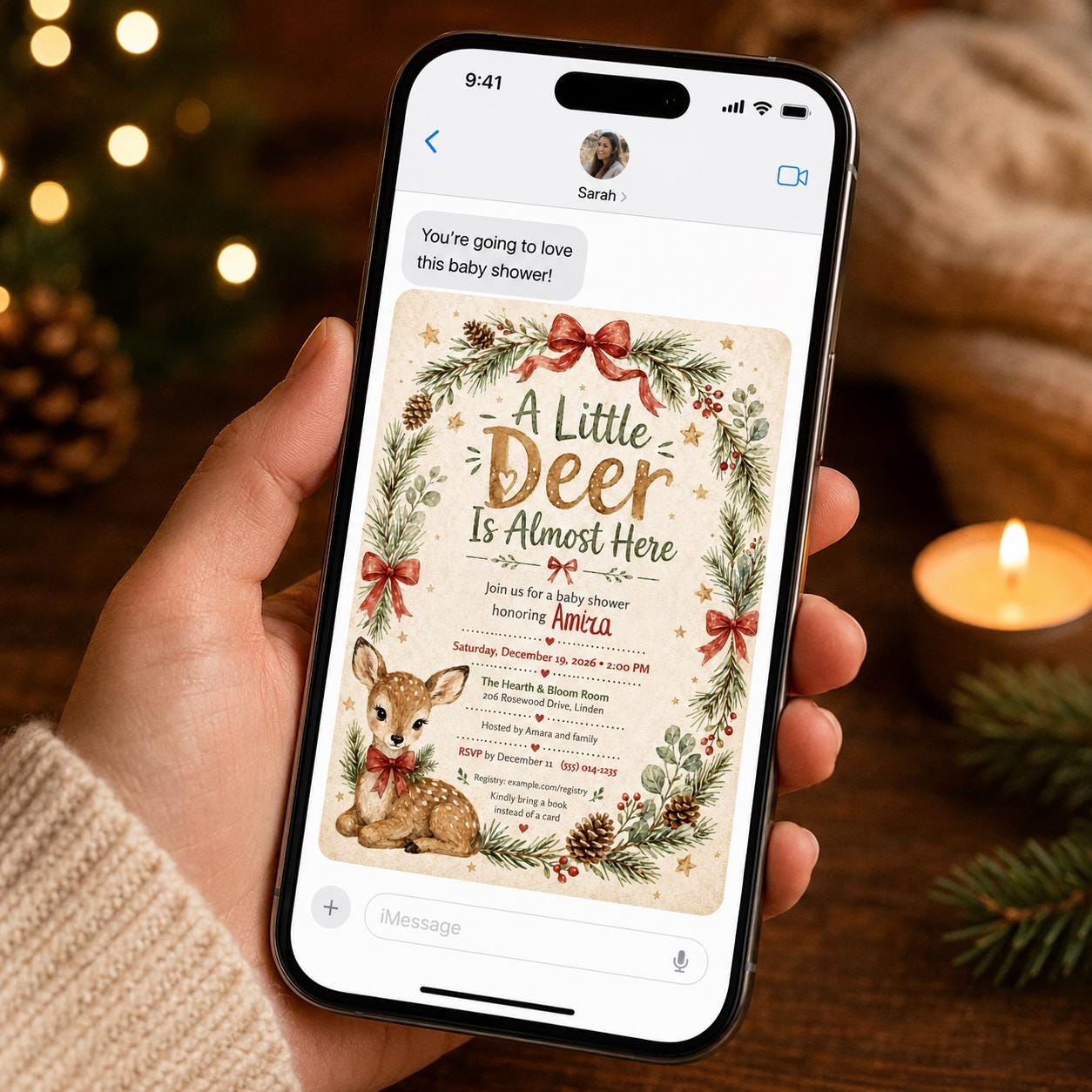 Woodland Deer Baby Shower Invitation, Little Deer Is Almost Here, Winter Christmas Gender Neutral Invite, Editable Canva Template - Image 3