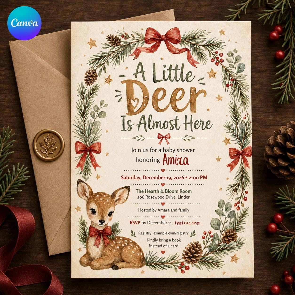 Woodland Deer Baby Shower Invitation, Little Deer Is Almost Here, Winter Christmas Gender Neutral Invite, Editable Canva Template