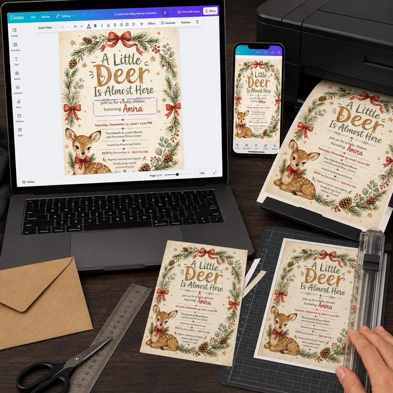 Woodland Deer Baby Shower Invitation, Little Deer Is Almost Here, Winter Christmas Gender Neutral Invite, Editable Canva Template - Image 5