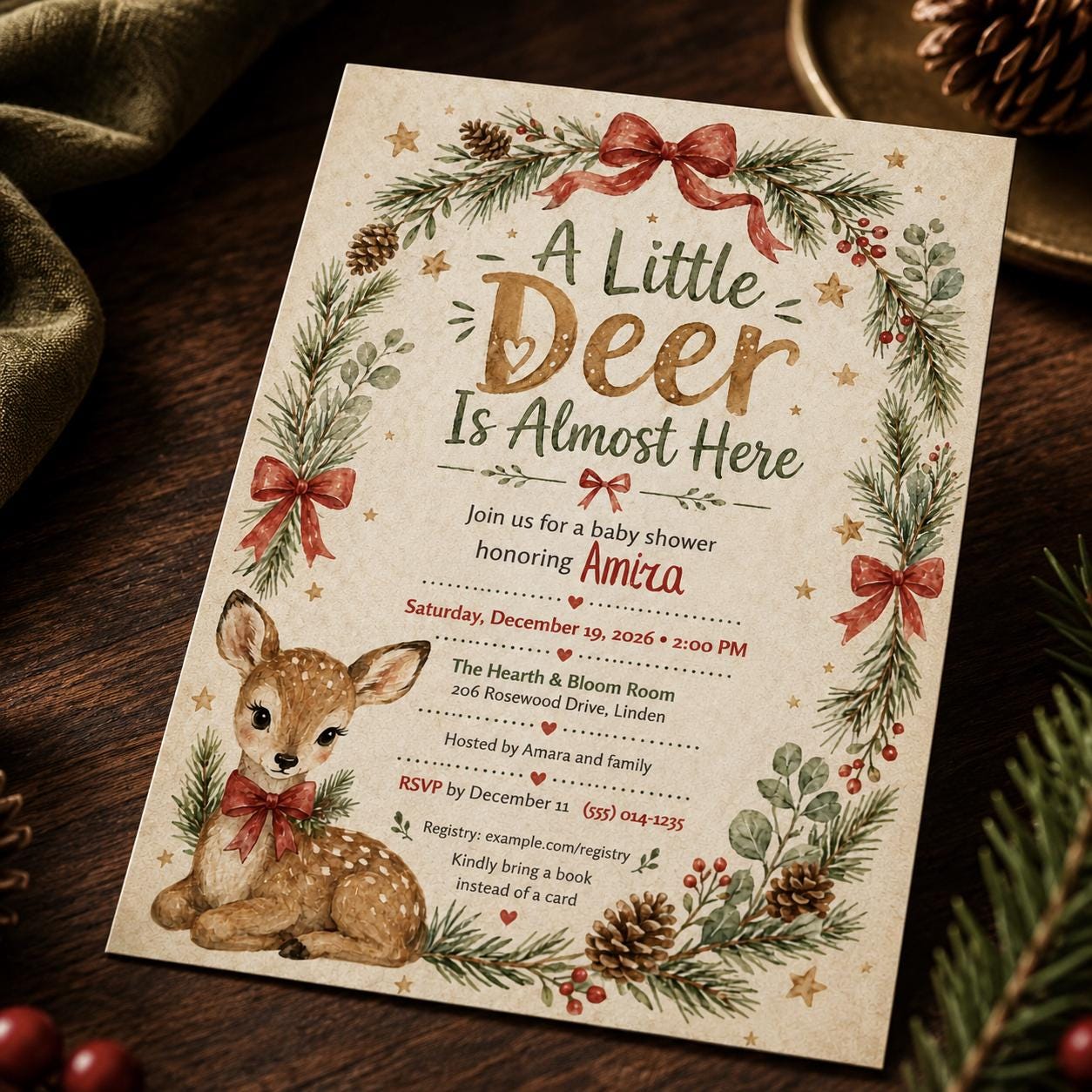Woodland Deer Baby Shower Invitation, Little Deer Is Almost Here, Winter Christmas Gender Neutral Invite, Editable Canva Template - Image 6