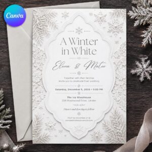Winter Wedding Invitation, Elegant White Snowflake Wedding Invite, Printable Editable Winter Romance Canva Template